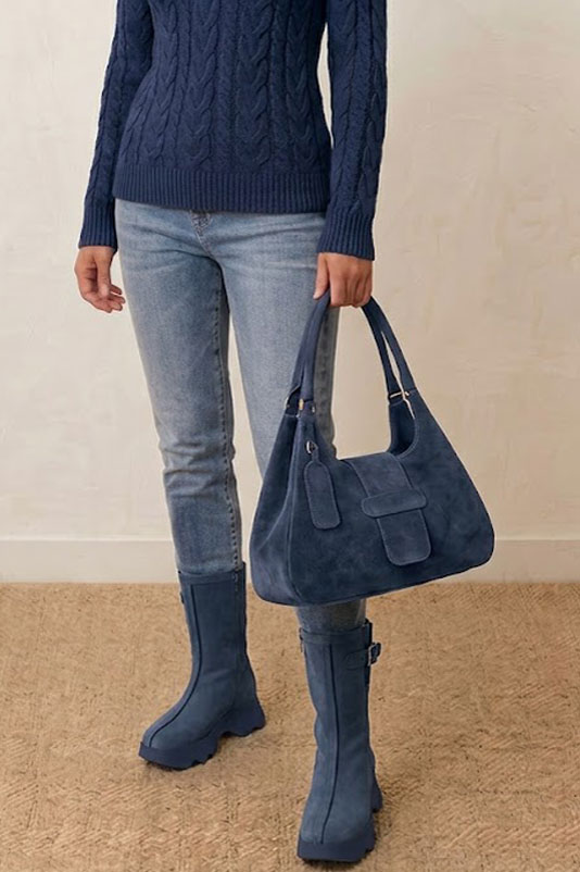 Dress ankle boots inside zip in denim blue leather with thick rubber soles and round toe - Worn view